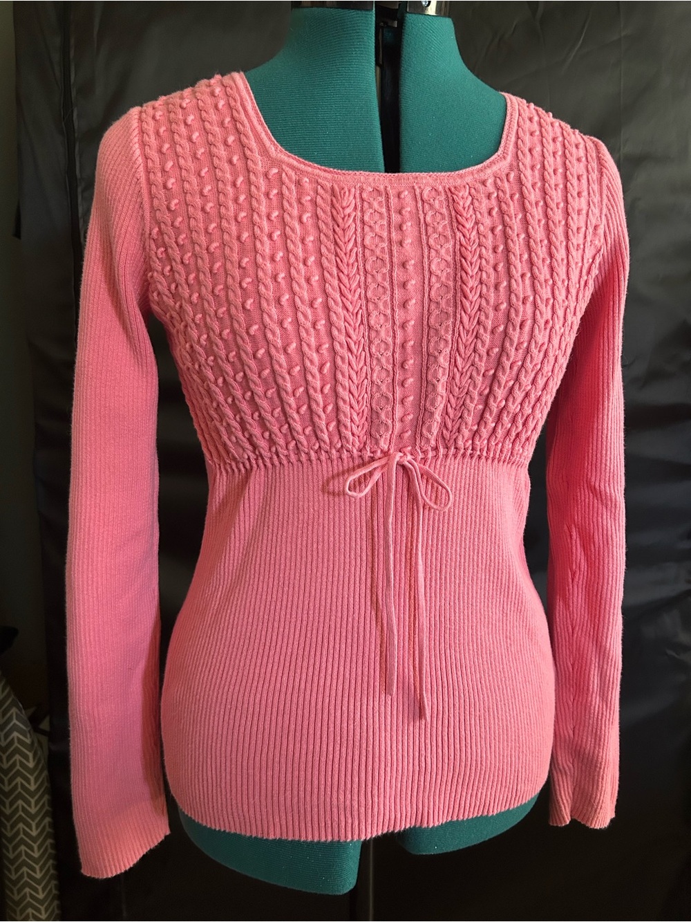 Liz Claiborne Pink Cable Knit Scoop Neck Sweater with Waist Tie